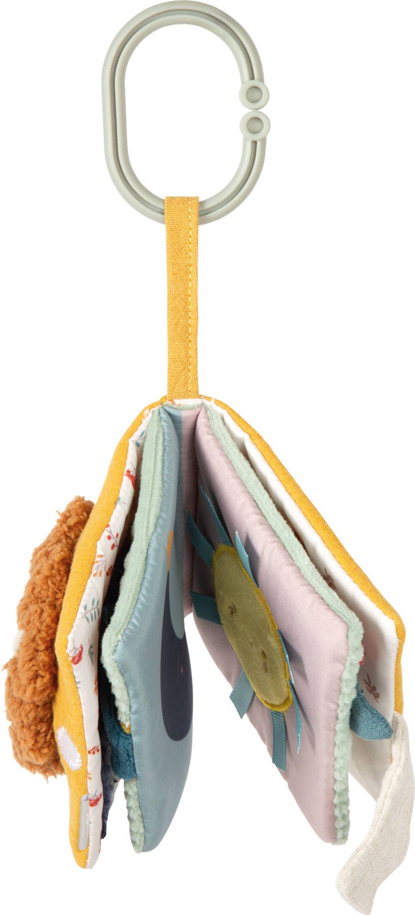 Am Karabiner hängendes Fühlbuch „Little Lion" von Small Foot mit aufgefächerten Stoffseiten in Senfgelb, Mintgrün, Rosa und Blumenmuster – Babyspielzeug zum Befestigen am Kinderwagen, ab 0 Monaten