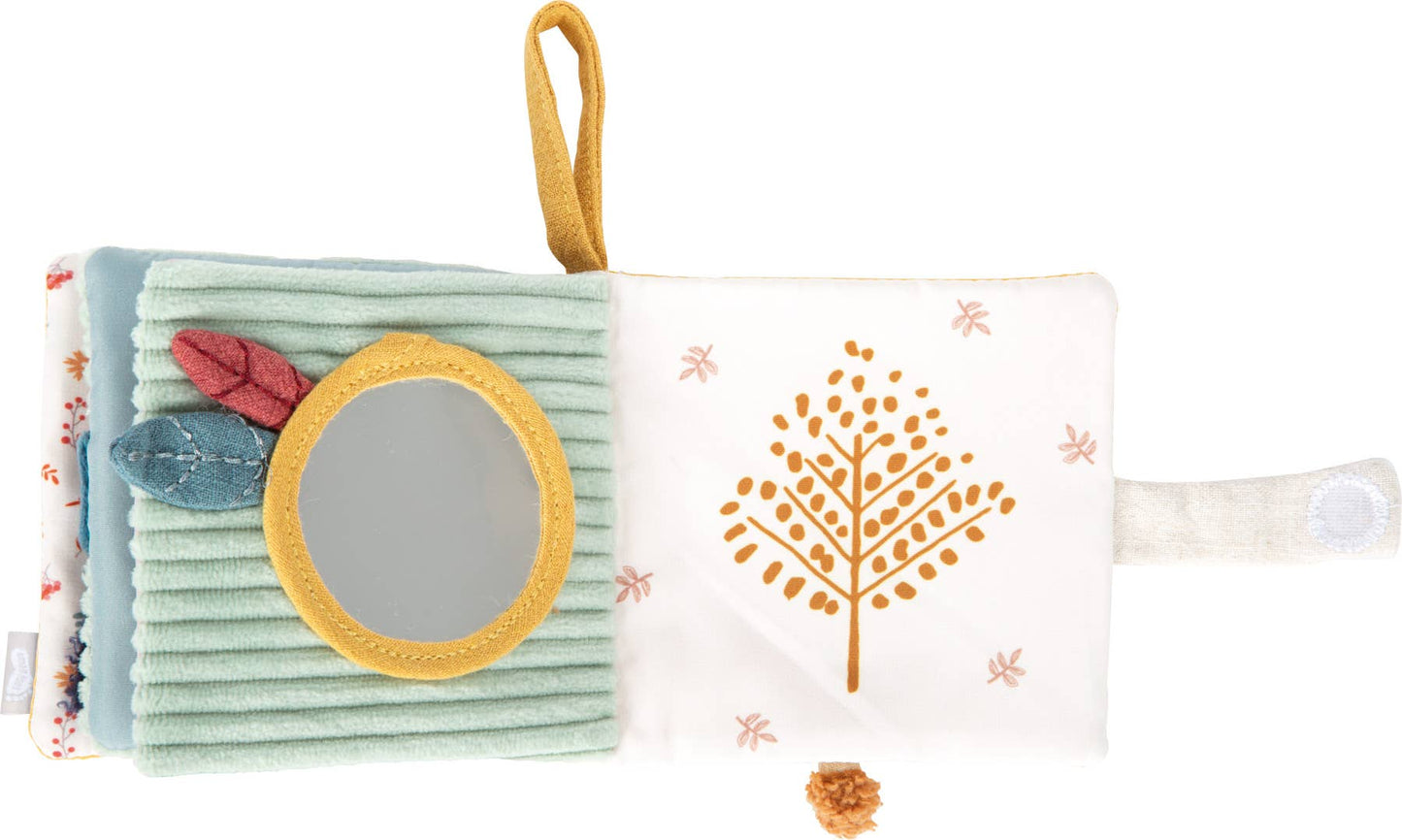 Aufgeklapptes Fühlbuch „Little Lion" von Small Foot mit Babyspiegel im Goldrahmen, mintgrünem Cordstoff, Stoffblättern und gesticktem Baummotiv – Babyspielzeug zur Förderung der Sinne ab 0 Monaten