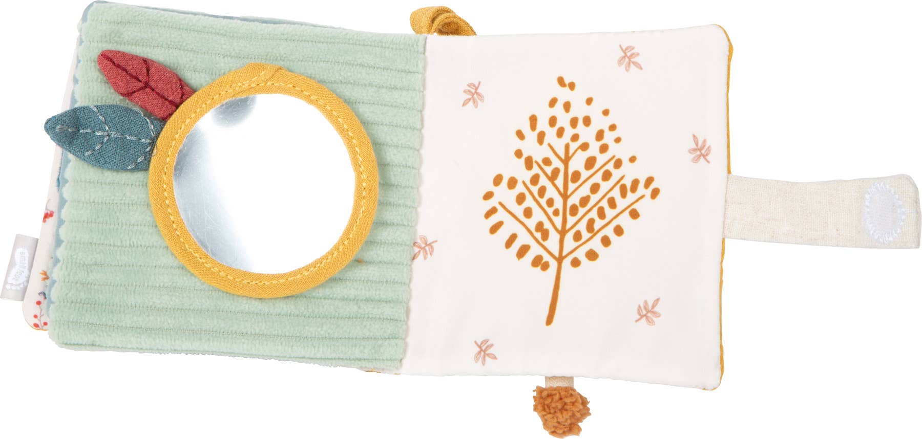 Aufgeklappte Innenseiten des Fühlbuchs „Little Lion" von Small Foot in der Aufsicht mit Babyspiegel im Goldrahmen, Stoffblättern auf mintgrünem Cordstoff und gesticktem Baummotiv – Babyspielzeug zur Förderung der Sinne ab 0 Monaten