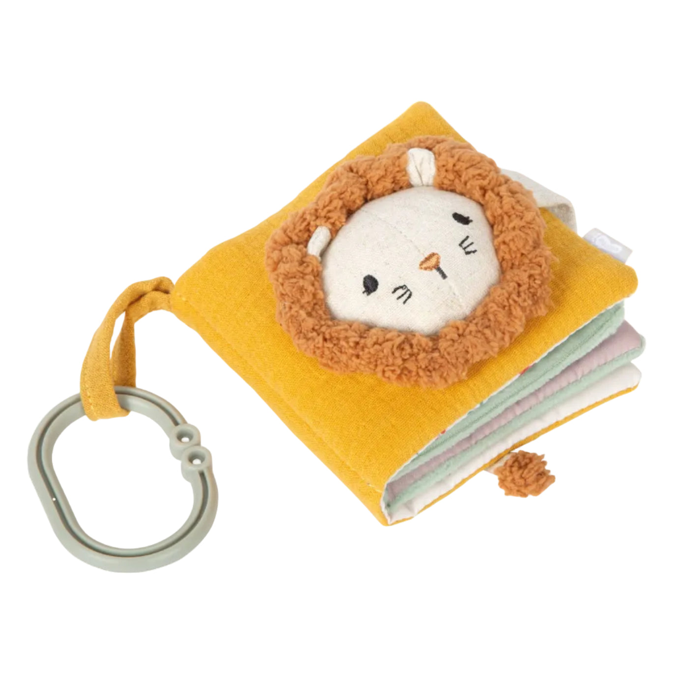 Geschlossenes Fühlbuch „Little Lion" von Small Foot mit Löwenkopf-Applikation auf senfgelbem Mulltuch und Karabiner zum Aufhängen am Kinderwagen – Babyspielzeug zur Förderung der Sinne ab 0 Monaten