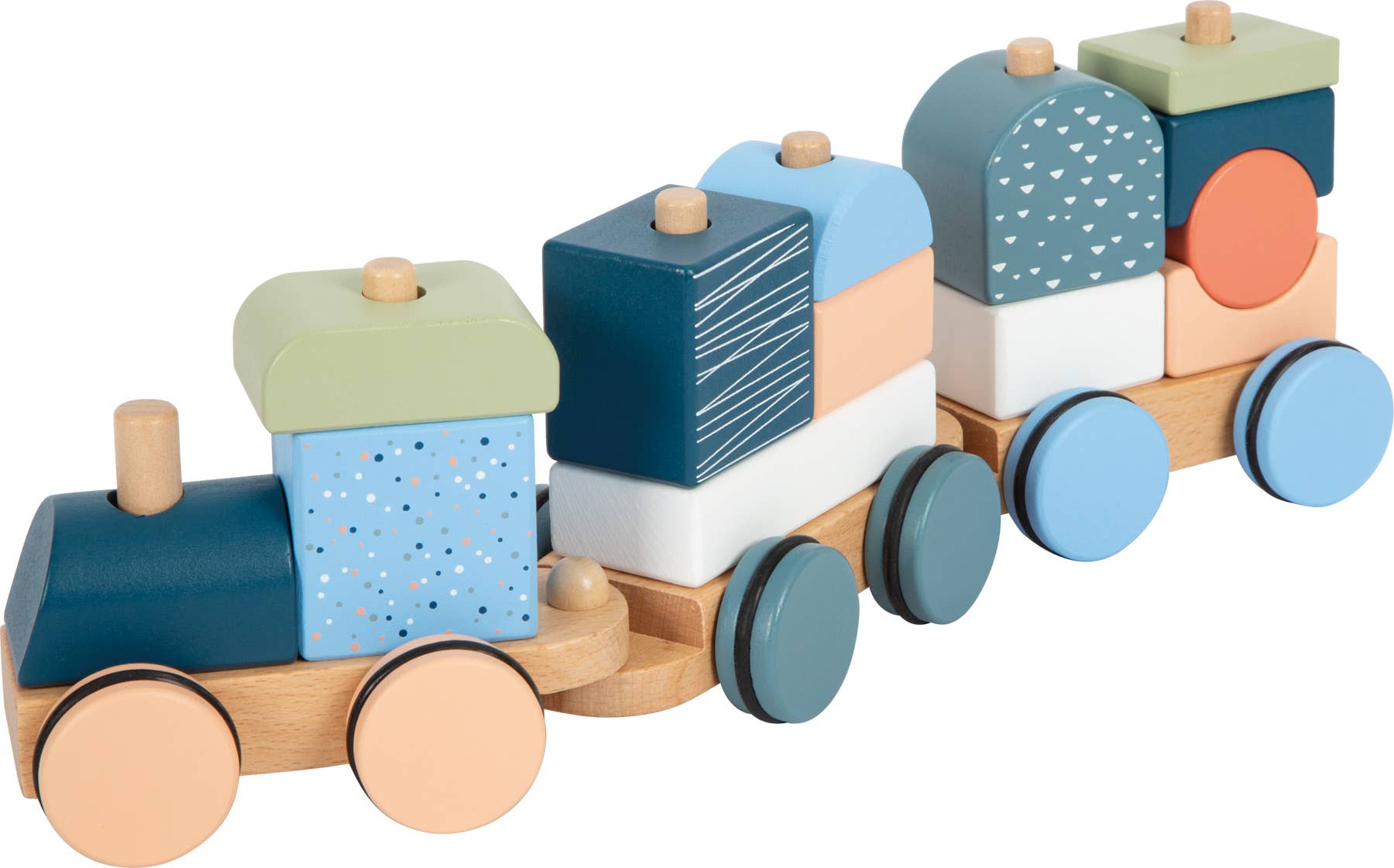 Blauer Holzzug „Arctic“ von Small Foot in der Schrägansicht mit Lokomotive und zwei Anhängern, dekoriert mit gemusterten Stapelelementen in Blau-, Grün-, Weiß- und Apricottönen – nachhaltiges Holzspielzeug zur Förderung der Feinmotorik und Kreativität