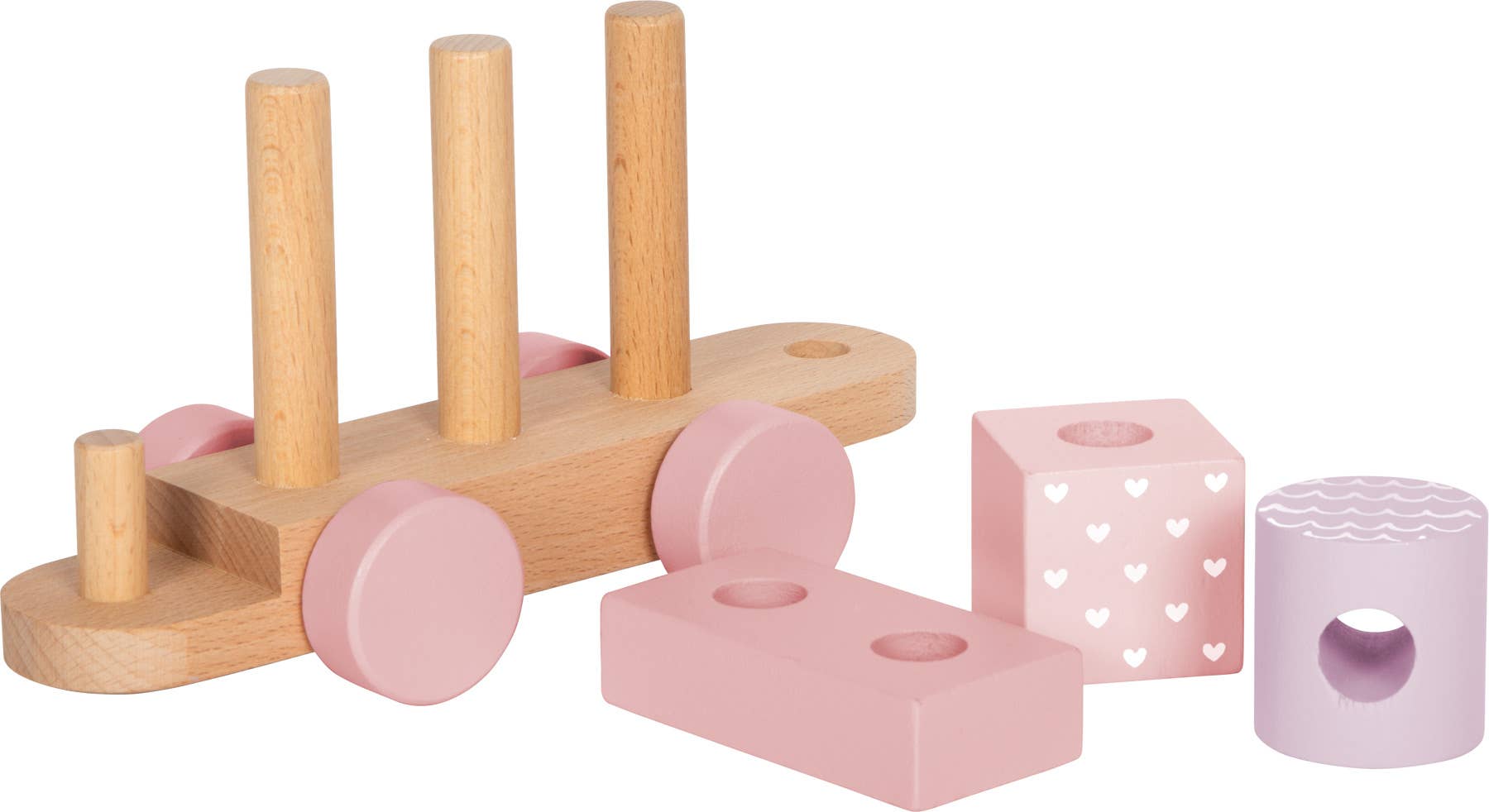 Rosa Holzzug von Small Foot – Detailansicht eines Anhängers mit Stapelstäben sowie einzelnen Holz-Bauelementen wie Würfel mit Herzchen-Motiv, rosa Quader und Flieder-Zylinder mit Wellenmuster – nachhaltiges Holzspielzeug zur Förderung der Feinmotorik