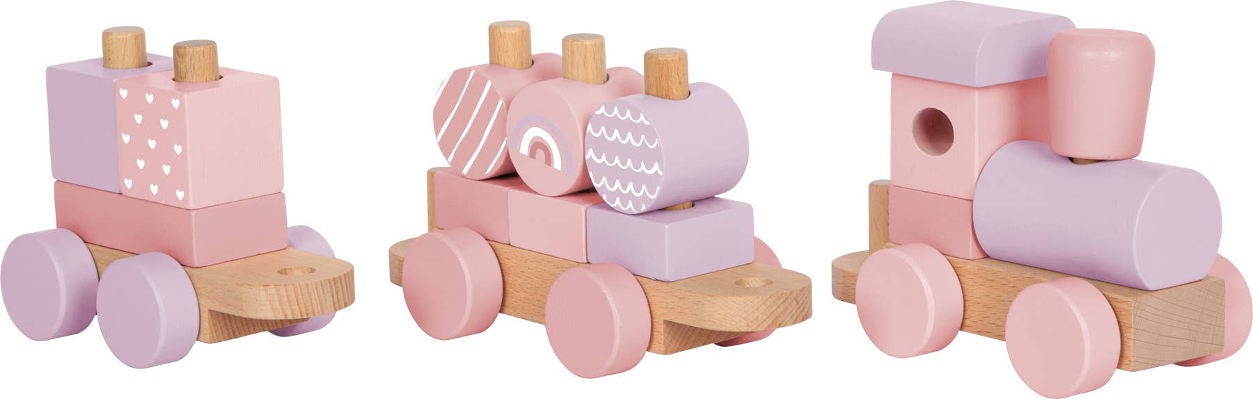 Rosa Holzzug von Small Foot in der Detailansicht mit drei Wagen – Lokomotive, mittlerer Anhänger mit Regenbogen- und Zylinder-Stapelelementen sowie Anhänger mit Herzchen-Motiv – nachhaltiges Holzspielzeug zur Förderung der Feinmotorik