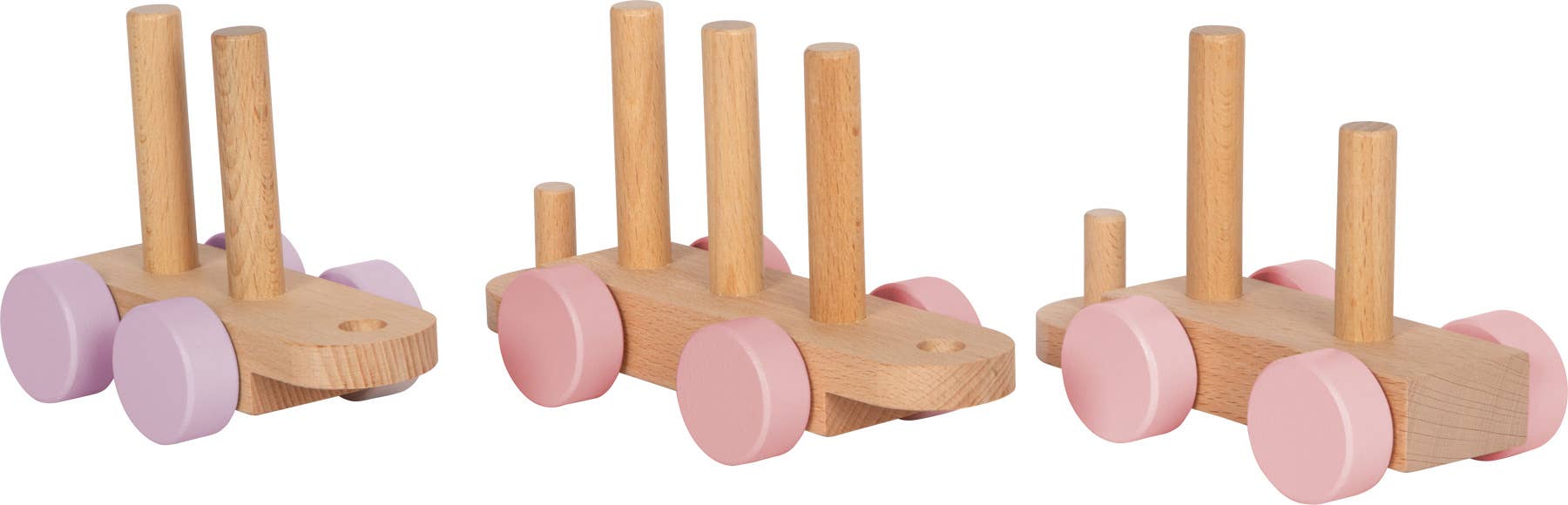 Rosa Holzzug von Small Foot – Detailansicht der drei Holz-Fahrgestelle mit Stapelstäben und Rädern in Rosa und Flieder ohne aufgesteckte Bauelemente – nachhaltiges Holzspielzeug zur Förderung der Feinmotorik