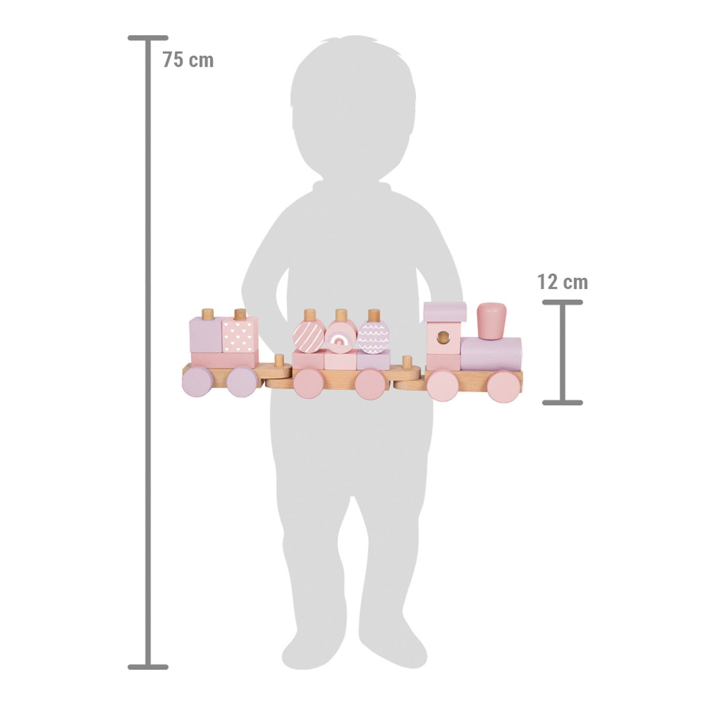 Rosa Holzzug von Small Foot im Größenvergleich mit einer Kindersilhouette von 75 cm – der Zug ist 12 cm hoch und ein nachhaltiges Holzspielzeug für kleine Eisenbahnfans