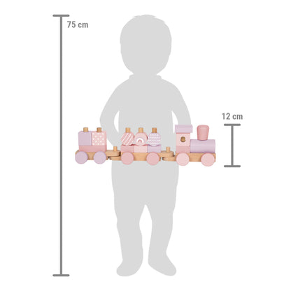 Rosa Holzzug von Small Foot im Größenvergleich mit einer Kindersilhouette von 75 cm – der Zug ist 12 cm hoch und ein nachhaltiges Holzspielzeug für kleine Eisenbahnfans