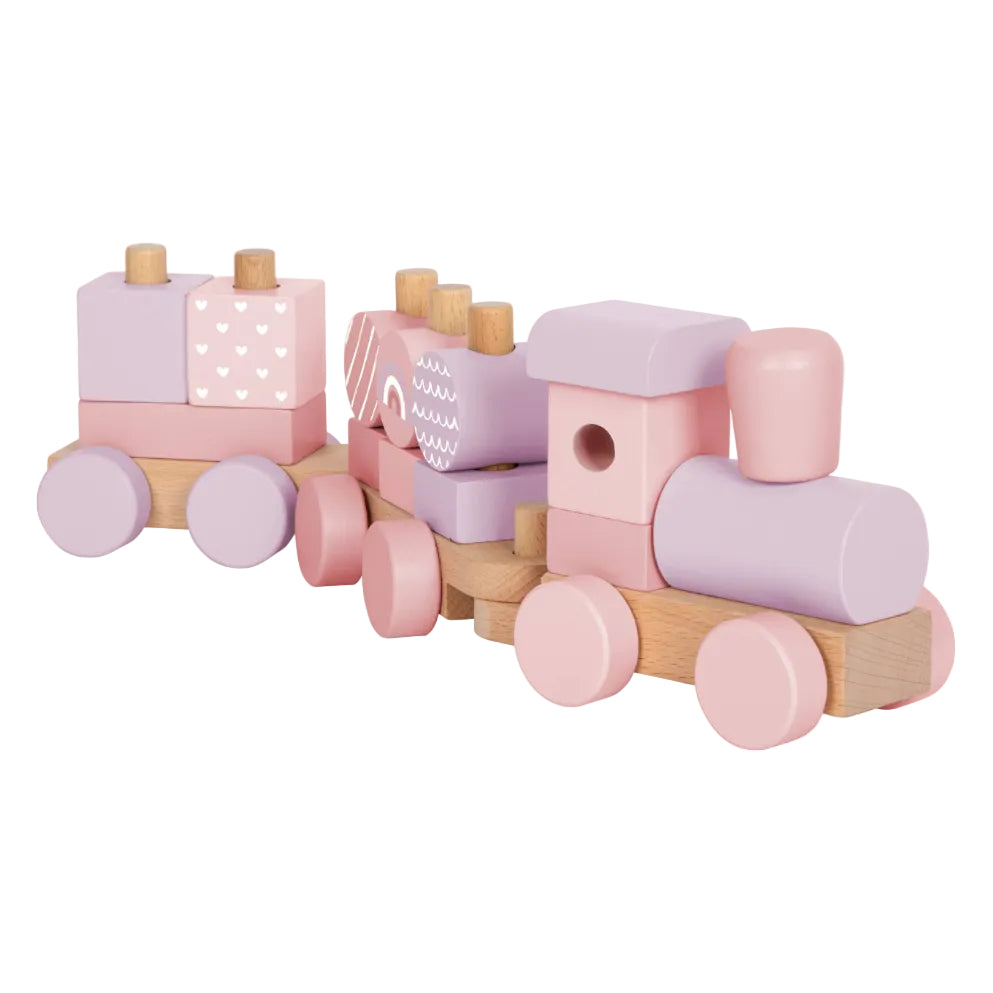 Rosa Holzzug von Small Foot in der Schrägansicht mit Lokomotive und drei Anhängern voller Stapelelemente – mit Herzchen-, Wellen- und Regenbogenmotiven in Rosa, Flieder und Naturholz – nachhaltiges Holzspielzeug zur Förderung der Feinmotorik