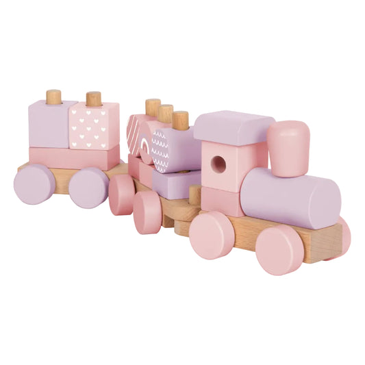 Rosa Holzzug von Small Foot in der Schrägansicht mit Lokomotive und drei Anhängern voller Stapelelemente – mit Herzchen-, Wellen- und Regenbogenmotiven in Rosa, Flieder und Naturholz – nachhaltiges Holzspielzeug zur Förderung der Feinmotorik