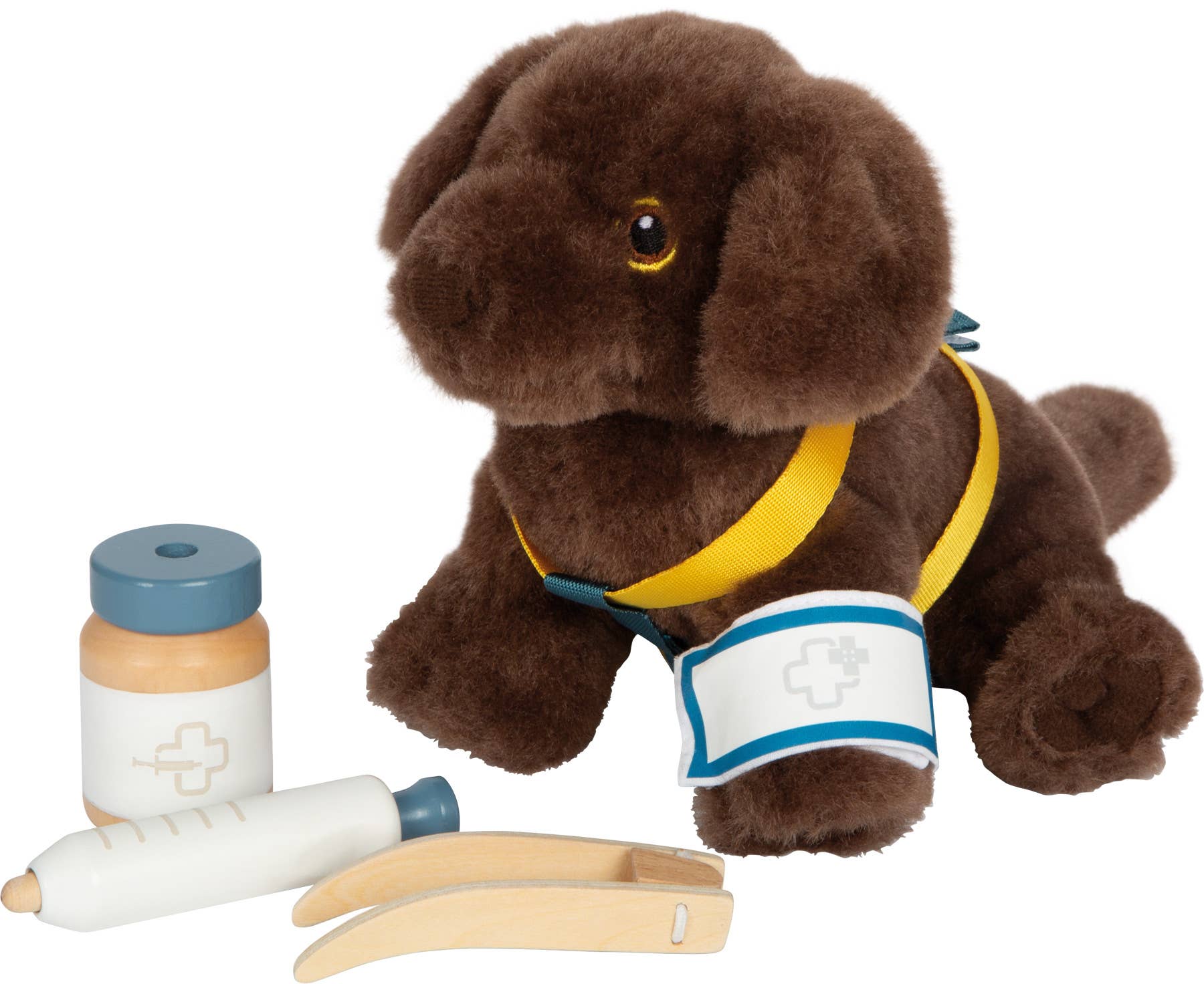 Small Foot Hund mit Tasche und Pflegeset – Plüschhund mit Verband, Holzspritze, Medizinfläschchen und Holz-Zubehör für fantasievolles Tierarzt-Rollenspiel für Kinder