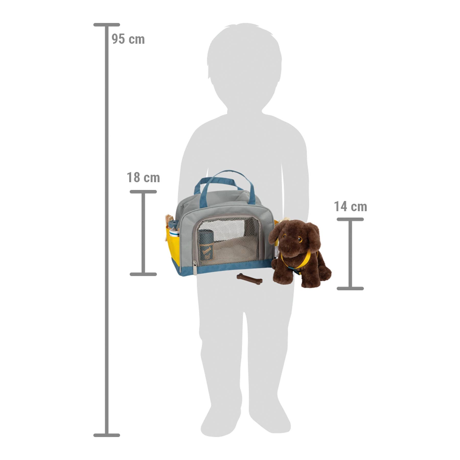 Größenvergleich des Plüsch-Hundes mit Transporttasche und Pflegeset von Small Foot mit 18 cm Taschenhöhe und 14 cm Hundehöhe neben einer Kindersilhouette von 95 cm – nachhaltiges Rollenspielzeug zur Förderung der Fürsorge und Kreativität