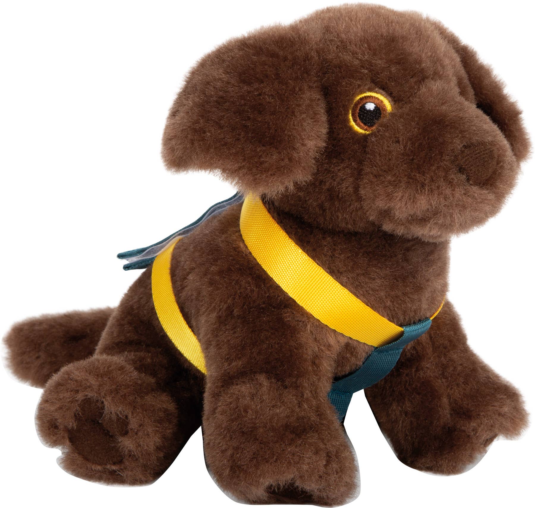 Brauner Plüsch-Hund mit angelegtem gelb-blauem Geschirr aus dem Set „Hund mit Tasche und Pflegeset“ von Small Foot – nachhaltiges Rollenspielzeug zur Förderung der Fürsorge und Kreativität