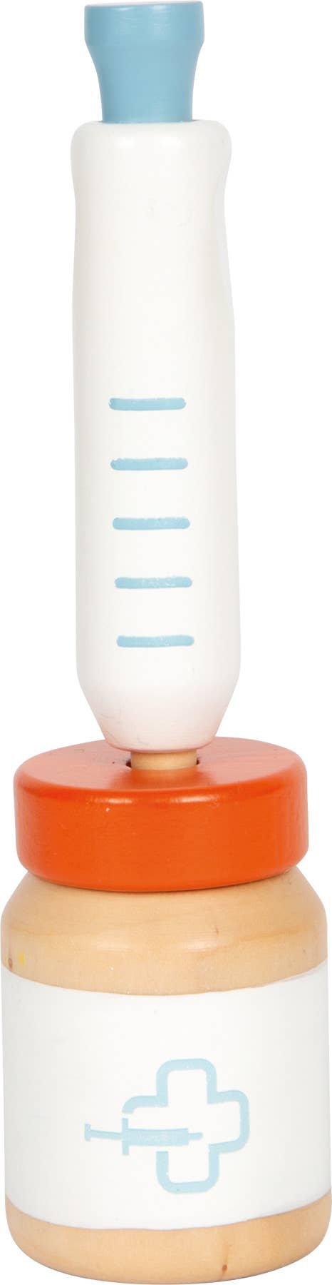 Detailansicht der Holz-Spritze und Medikamentendose mit medizinischem Symbol aus dem Set „Katze mit Tasche und Pflegeset“ von Small Foot – nachhaltiges Rollenspielzeug zur Förderung der Fürsorge und Kreativität