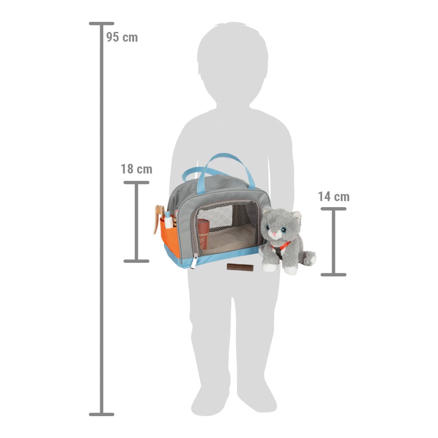 Größenvergleich der Plüsch-Katze mit Transporttasche und Pflegeset von Small Foot mit 18 cm Taschenhöhe und 14 cm Katzenhöhe neben einer Kindersilhouette von 95 cm – nachhaltiges Rollenspielzeug zur Förderung der Fürsorge und Kreativität