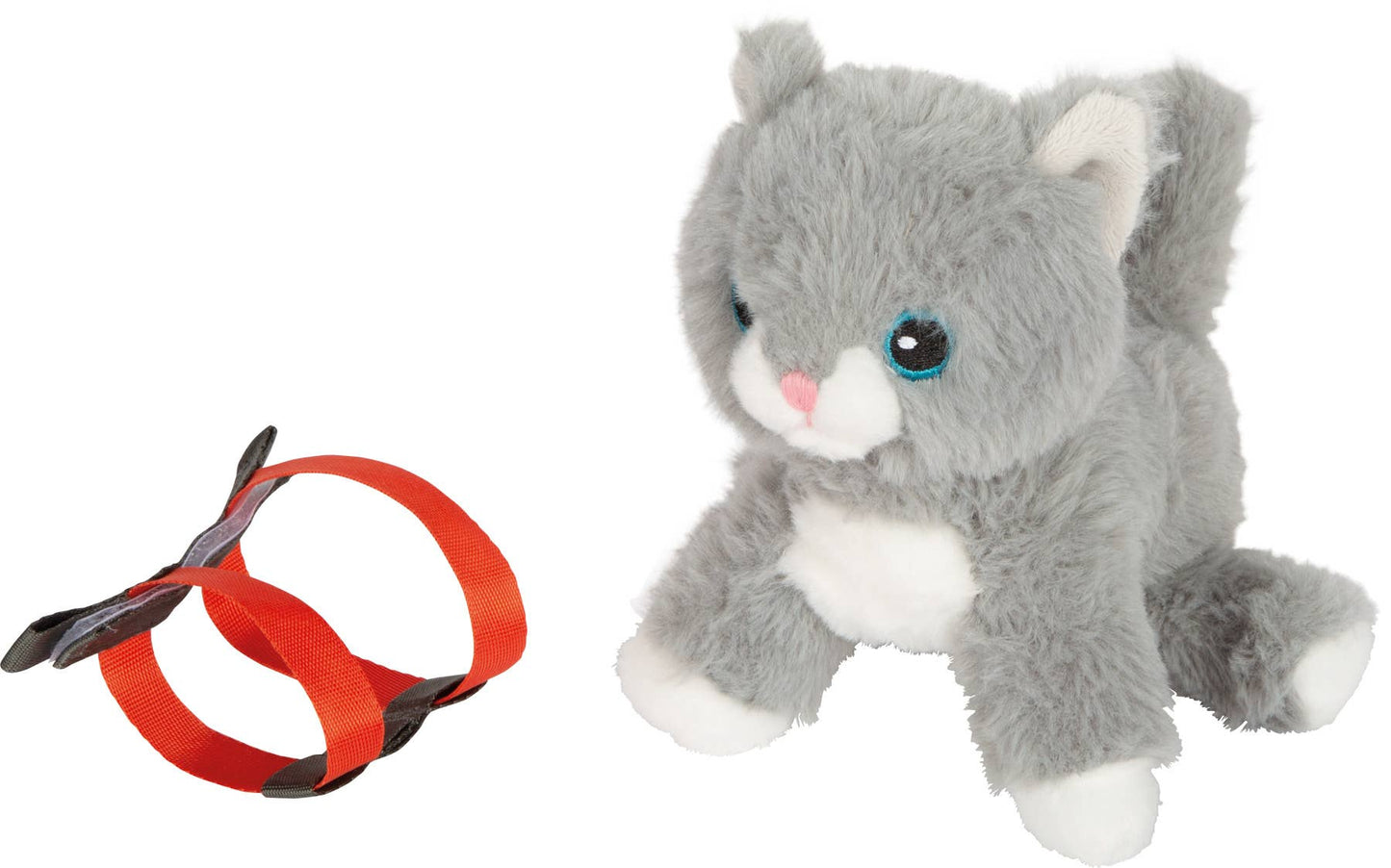 Graue Plüsch-Katze mit blauen Augen und rosa Näschen aus dem Set „Katze mit Tasche und Pflegeset“ von Small Foot, daneben rotes Geschirr mit Leine – nachhaltiges Rollenspielzeug zur Förderung der Fürsorge und Kreativität