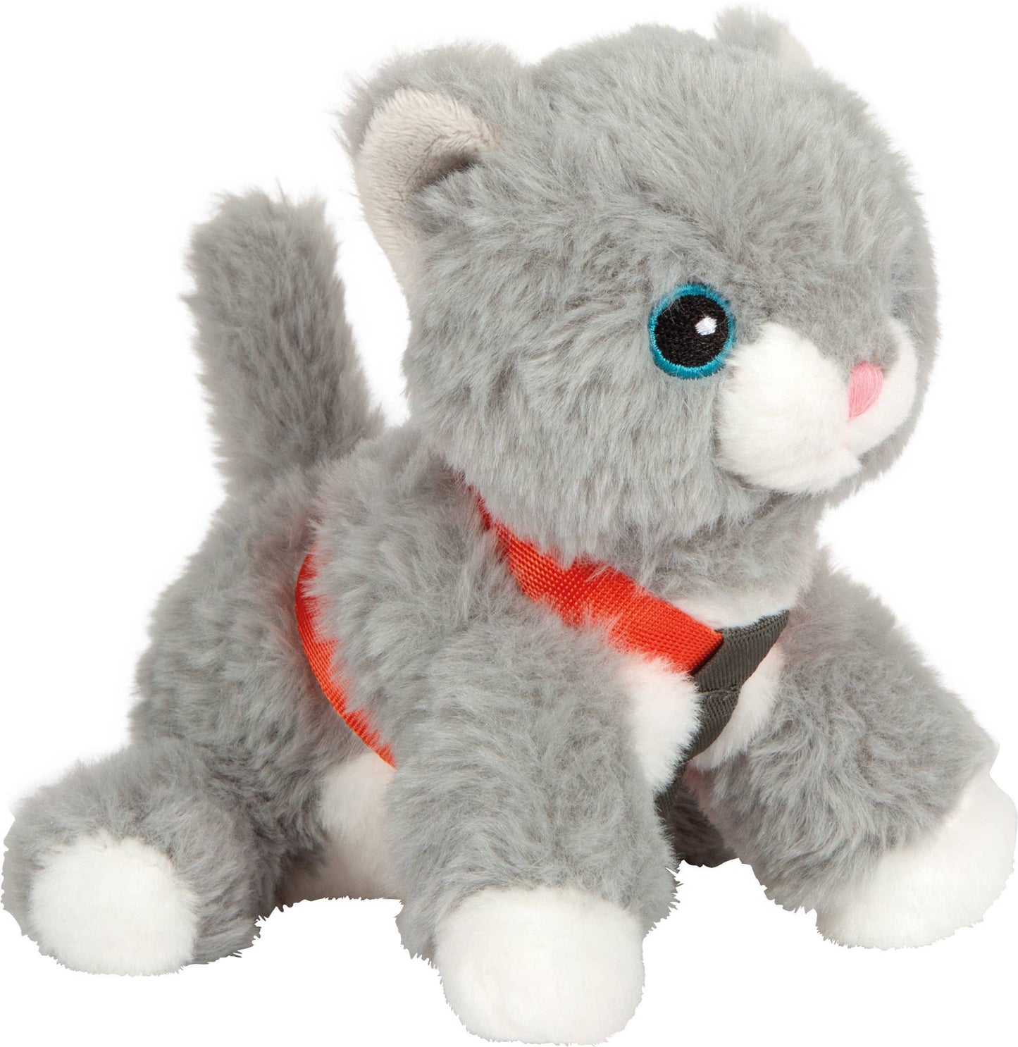 Graue Plüsch-Katze sitzend mit blauen Augen, rosa Näschen und angelegtem rotem Geschirr aus dem Set „Katze mit Tasche und Pflegeset“ von Small Foot – nachhaltiges Rollenspielzeug zur Förderung der Fürsorge und Kreativität