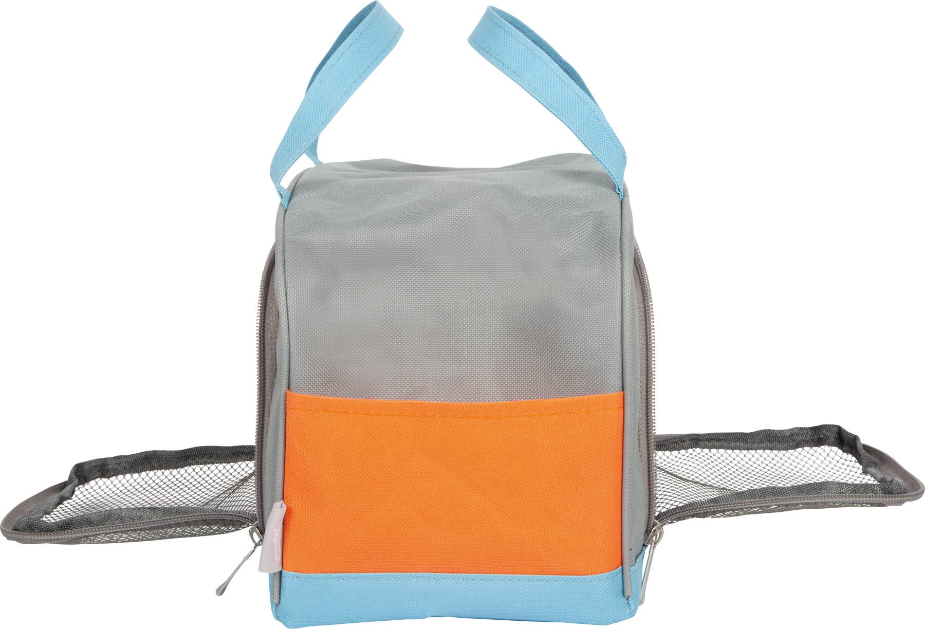 Frontansicht der grau-orangen Transporttasche mit hellblauen Tragegriffen und ausgeklappten Mesh-Seitenflügeln aus dem Set „Katze mit Tasche und Pflegeset“ von Small Foot – nachhaltiges Rollenspielzeug zur Förderung der Fürsorge und Kreativität