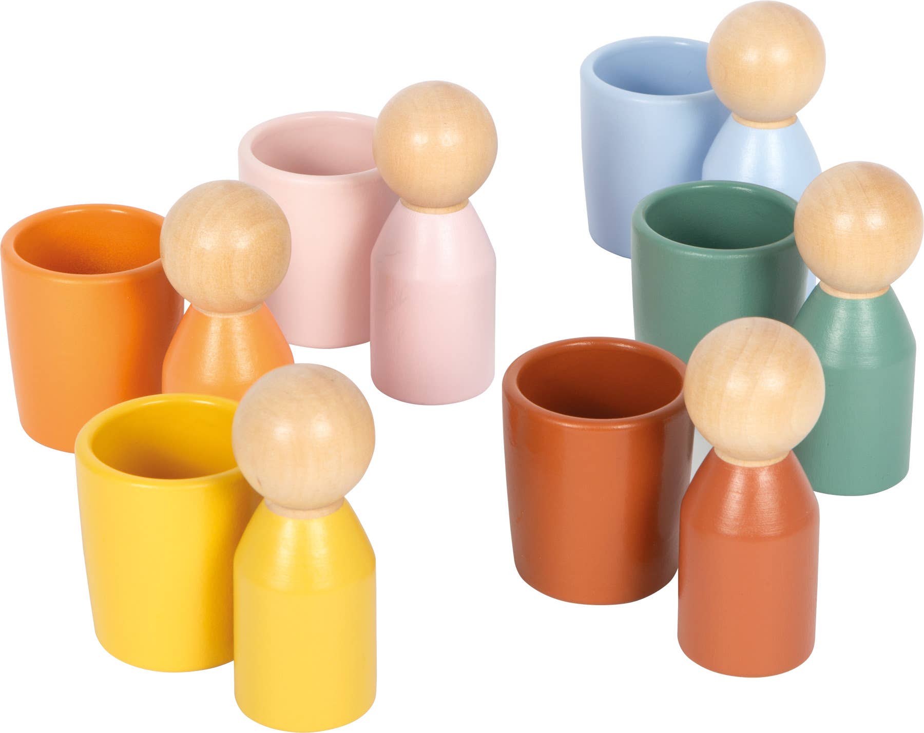 Montessori Sortierbecher mit Holzfiguren von Small Foot – Holzbecher und passende Figuren in Gelb, Orange, Terrakotta, Rosa, Hellblau und Salbeigrün nebeneinander angeordnet, pädagogisches Sortierspiel für Kleinkinder