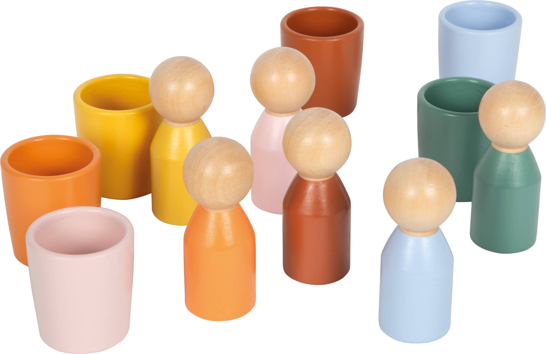 Vermischte Anordnung der Montessori Sortierbecher und Holzfiguren von Small Foot in Gelb, Orange, Terrakotta, Rosa, Hellblau und Salbeigrün – pädagogisches Sortierspiel zum Zuordnen der Farben für Kleinkinder