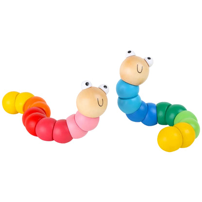 Motorikspielzeug „Bunte Raupe" aus Holz von Small Foot – zwei biegsame Greifraupen in Regenbogenfarben mit Wackelaugen, einander zugewandt, fördert Feinmotorik und Greifreflex bei Babys und Kleinkindern