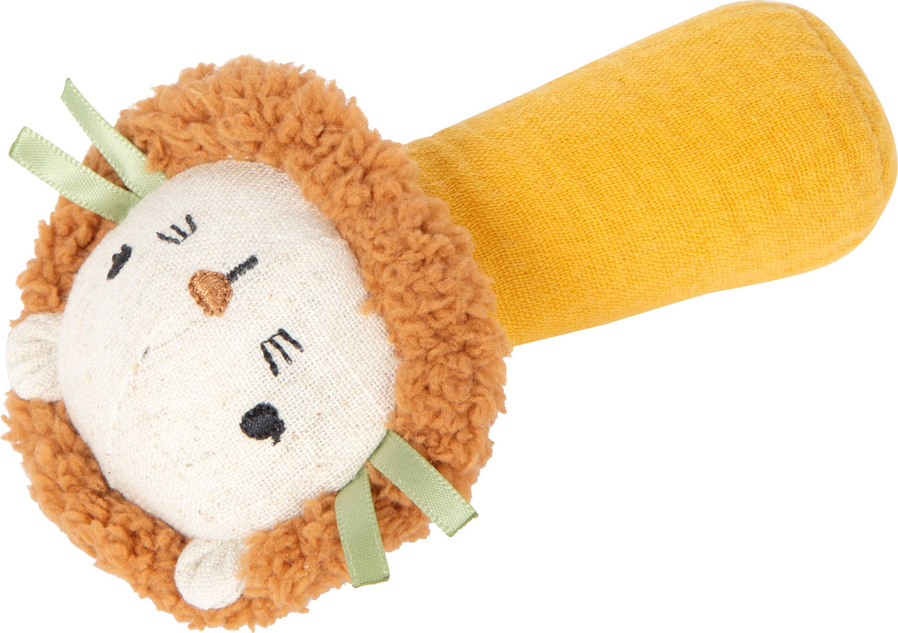 Detailansicht der Rassel und Stoffgreifling „Little Lion" von Small Foot mit gesticktem Löwengesicht, flauschiger Mähne, grünen Schleifenohren und senfgelbem Griff – weiches Greifspielzeug für Babys ab 0 Monaten