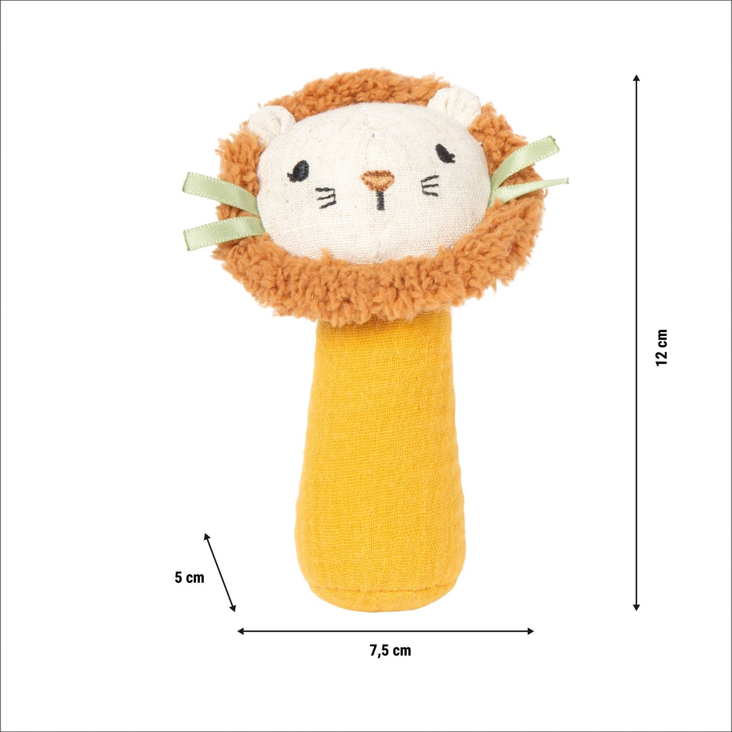 Maßangaben der Rassel und Stoffgreifling „Little Lion" von Small Foot mit 12 cm Höhe, 7,5 cm Breite und 5 cm Tiefe – weiches Greifspielzeug für Babys ab 0 Monaten