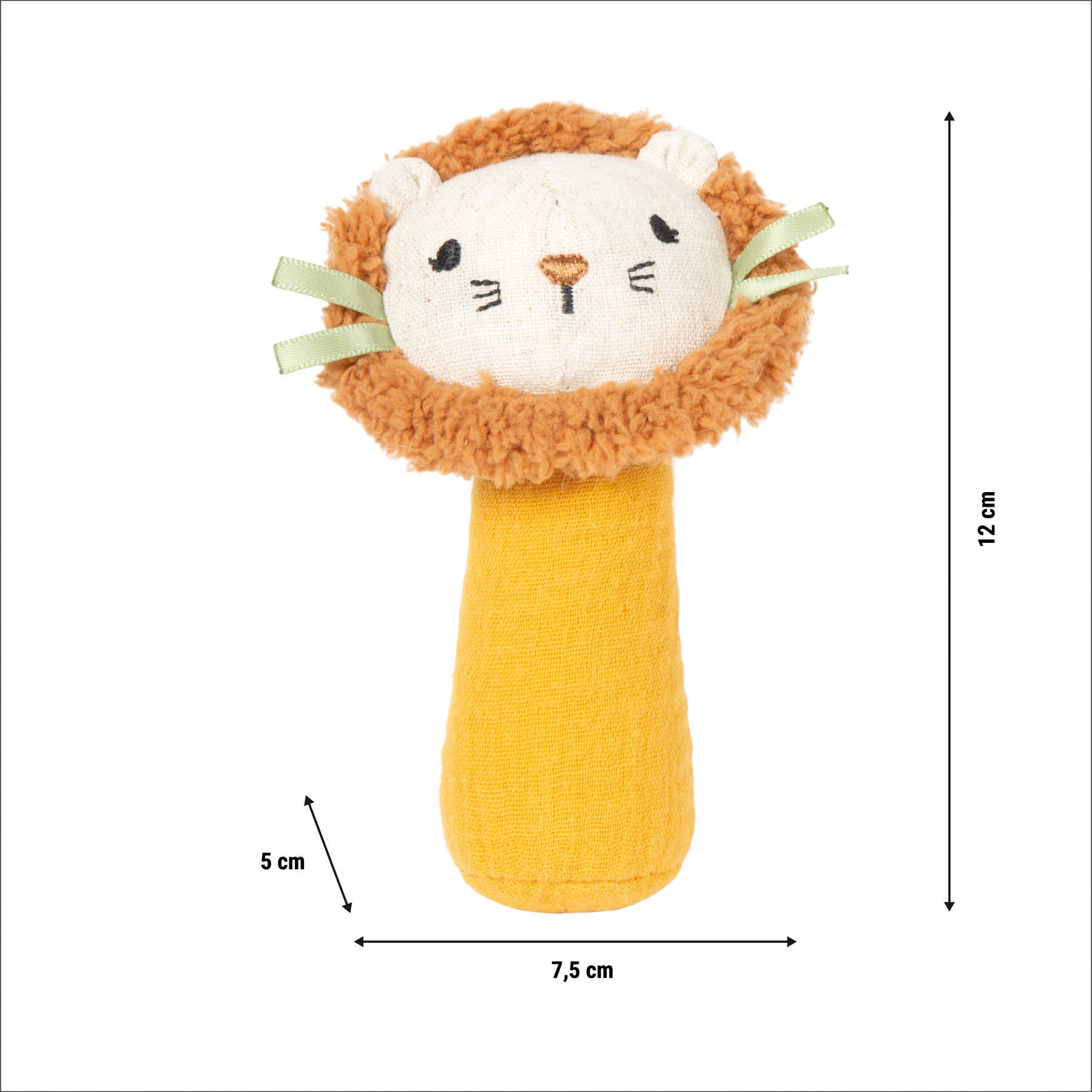 Maßangaben der Rassel und Stoffgreifling „Little Lion" von Small Foot mit 12 cm Höhe, 7,5 cm Breite und 5 cm Tiefe – weiches Greifspielzeug für Babys ab 0 Monaten