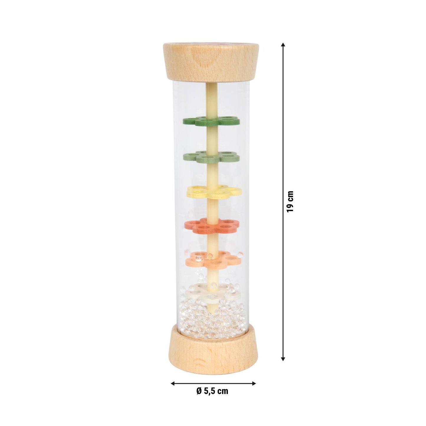 Regenmacher Musikinstrument „Kleine Freunde" aus Holz von Small Foot mit Maßangaben 19 cm Höhe und Ø 5,5 cm – transparenter Zylinder mit grünen, gelben und orangen Blümchen sowie Holzkappen oben und unten