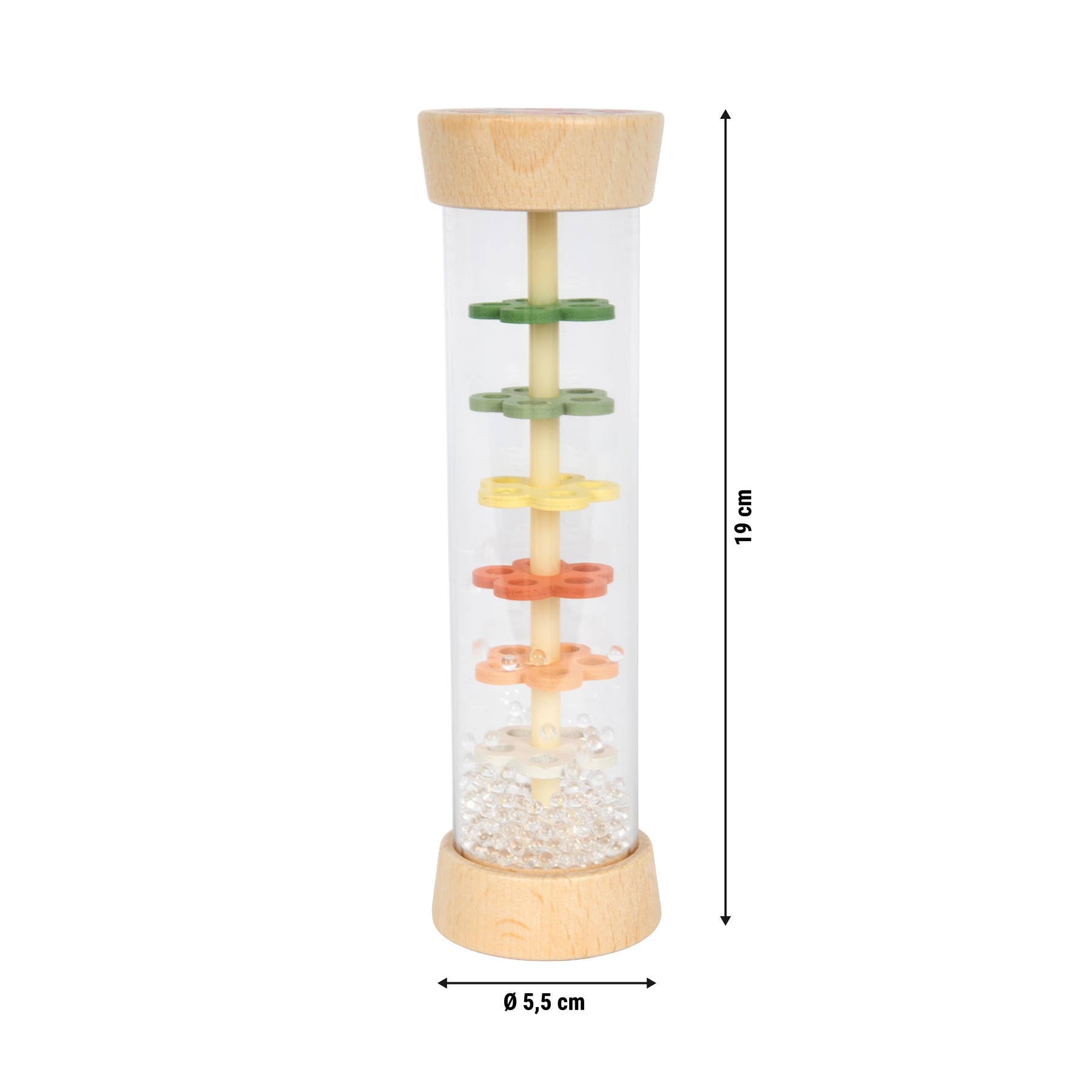 Regenmacher Musikinstrument „Kleine Freunde" aus Holz von Small Foot mit Maßangaben 19 cm Höhe und Ø 5,5 cm – transparenter Zylinder mit grünen, gelben und orangen Blümchen sowie Holzkappen oben und unten