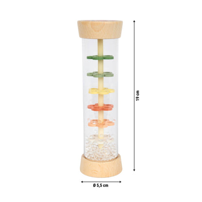 Regenmacher Musikinstrument „Kleine Freunde" aus Holz von Small Foot mit Maßangaben 19 cm Höhe und Ø 5,5 cm – transparenter Zylinder mit grünen, gelben und orangen Blümchen sowie Holzkappen oben und unten