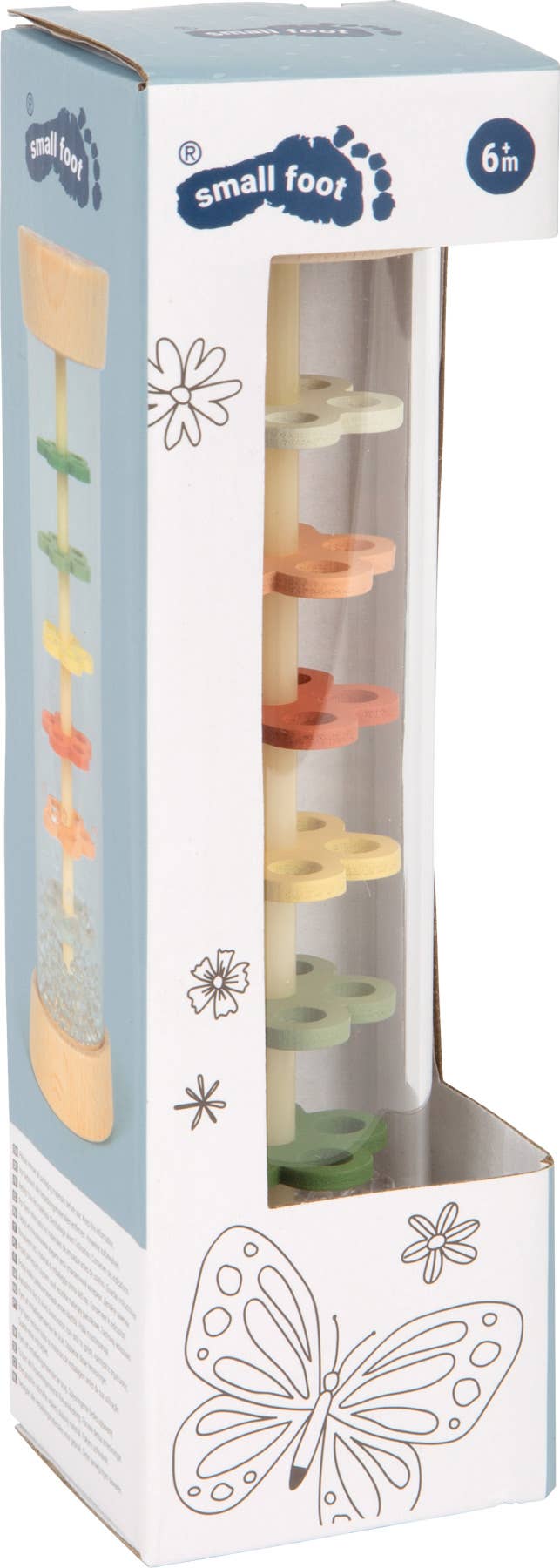 Regenmacher Musikinstrument „Kleine Freunde" aus Holz von Small Foot in der originalen Pappverpackung mit Sichtfenster, Altersangabe ab 6 Monaten und Schmetterlings-Illustration – nachhaltiges Musikspielzeug für Babys