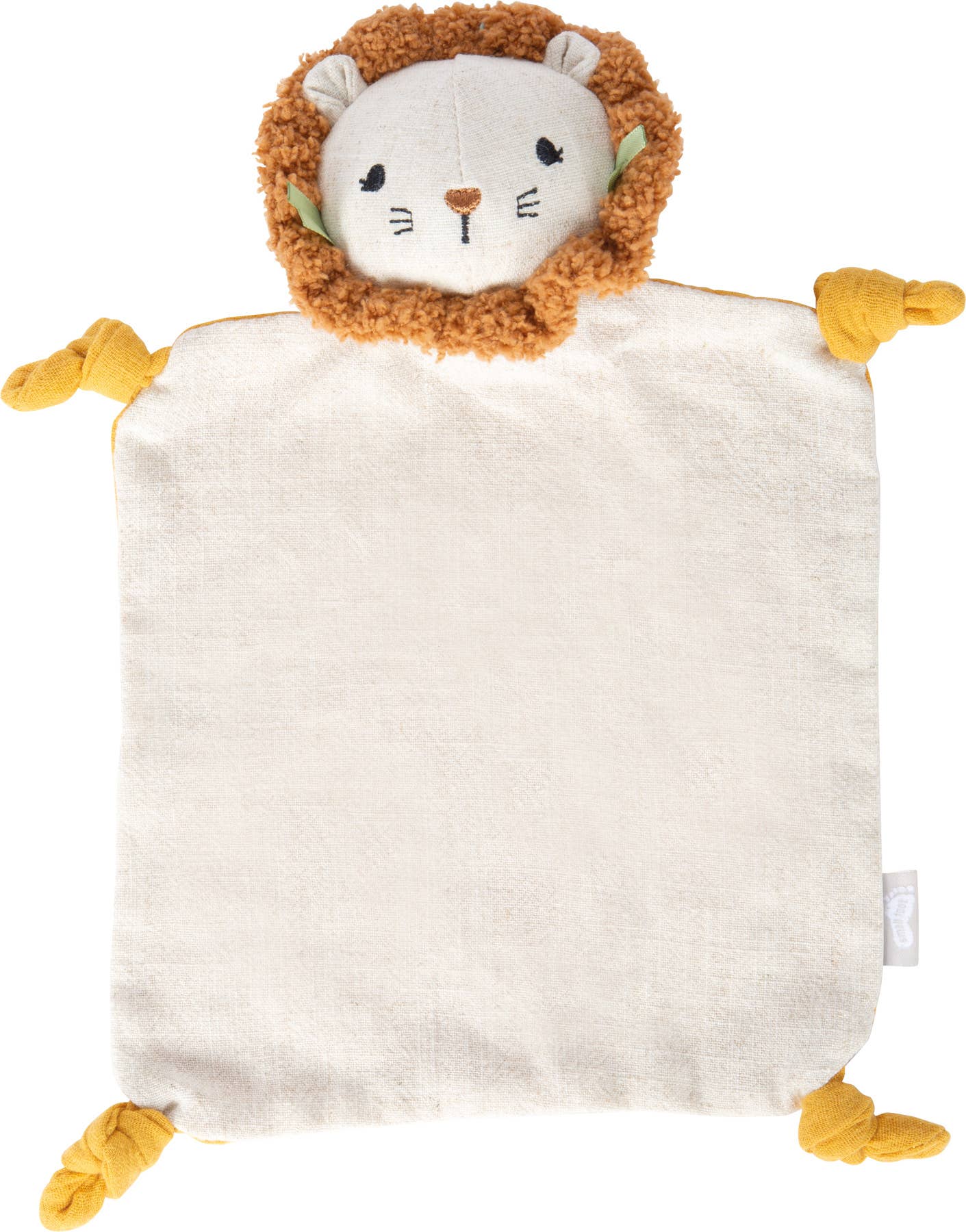 Frontansicht des Schnuffeltuchs „Little Lion" von Small Foot mit gesticktem Löwengesicht, flauschiger Mähne und senfgelben geknoteten Pfoten – weiches Schmusetuch für Babys ab 0 Monaten