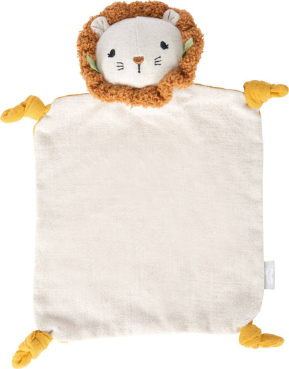 Frontansicht des Schnuffeltuchs „Little Lion" von Small Foot mit gesticktem Löwengesicht, flauschiger Mähne und senfgelben geknoteten Pfoten – weiches Schmusetuch für Babys ab 0 Monaten