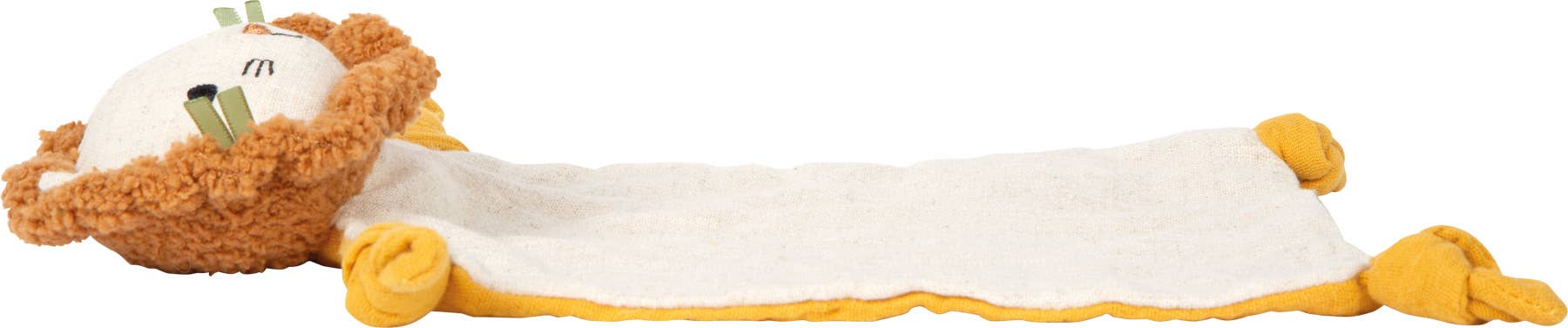 Liegende Seitenansicht des Schnuffeltuchs „Little Lion" von Small Foot mit gestricktem Löwenkopf, weichem Mulltuch und senfgelben geknoteten Pfoten – kuscheliger Begleiter für Babys ab 0 Monaten
