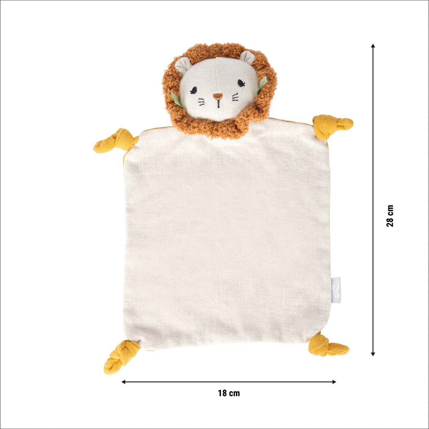 Maßangaben des Schnuffeltuchs „Little Lion“ von Small Foot – 28 cm hoch und 18 cm breit, mit gestickten Löwenkopf und vier geknoteten Ecken in Senfgelb