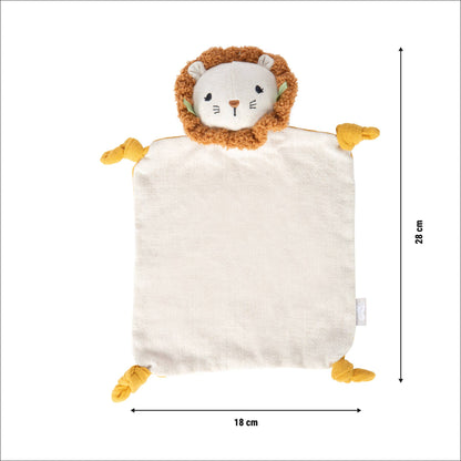 Maßangaben des Schnuffeltuchs „Little Lion“ von Small Foot – 28 cm hoch und 18 cm breit, mit gestickten Löwenkopf und vier geknoteten Ecken in Senfgelb