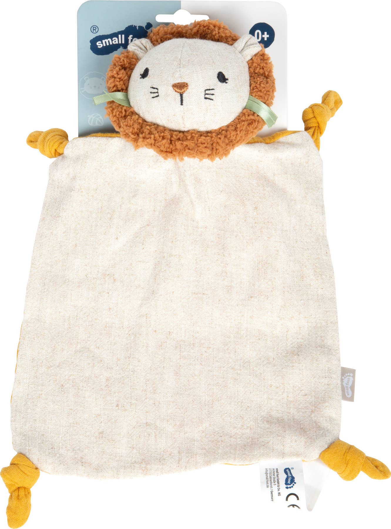 Schnuffeltuch „Little Lion“ von Small Foot mit gestickten Löwenkopf, beigem Tuch und vier geknoteten Ecken in Senfgelb – weicher Begleiter für Babys ab 0 Monaten