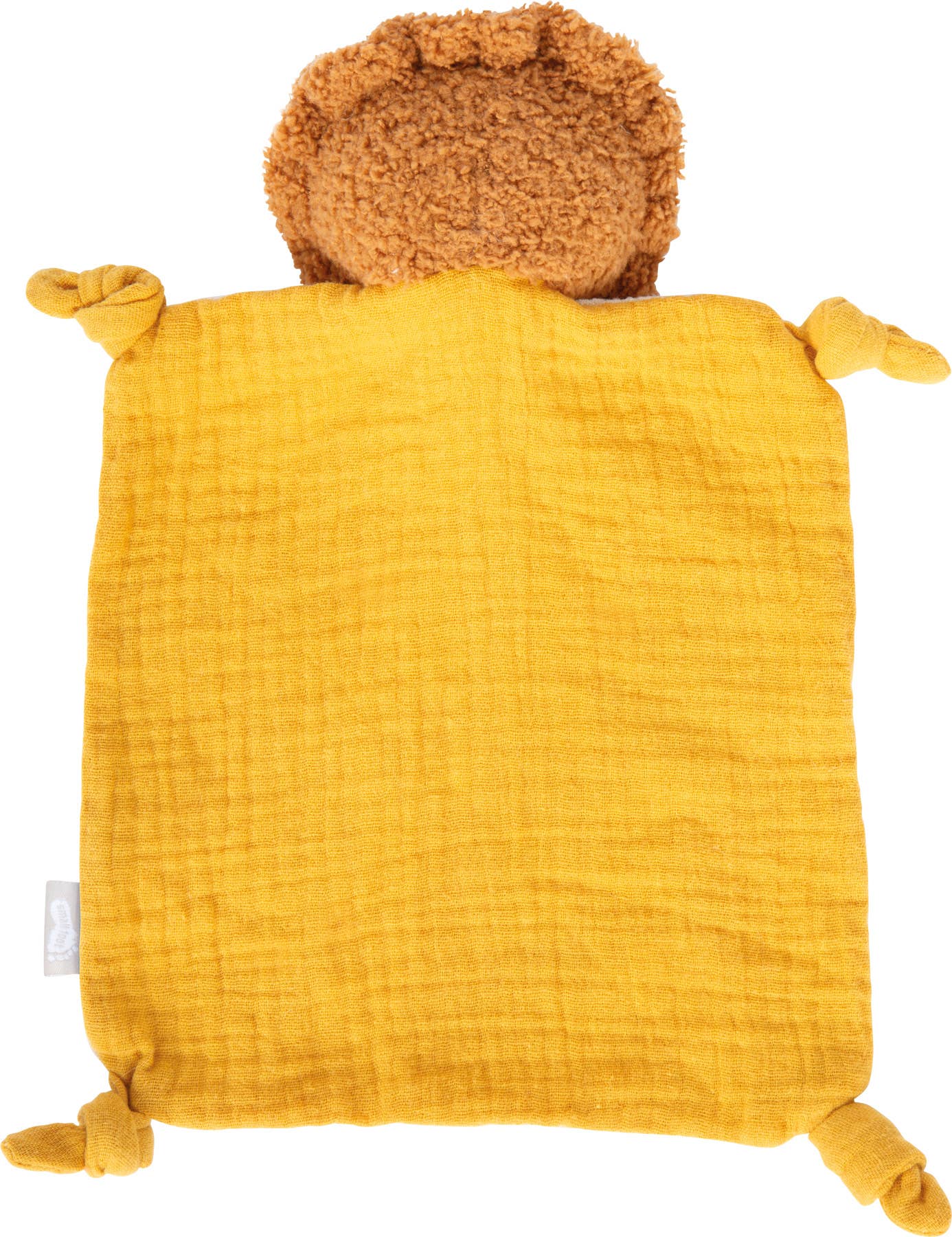 Rückansicht des Schnuffeltuchs „Little Lion" von Small Foot mit senfgelbem Mulltuch und vier geknoteten Ecken – weiches Schmusetuch für Babys ab 0 Monaten