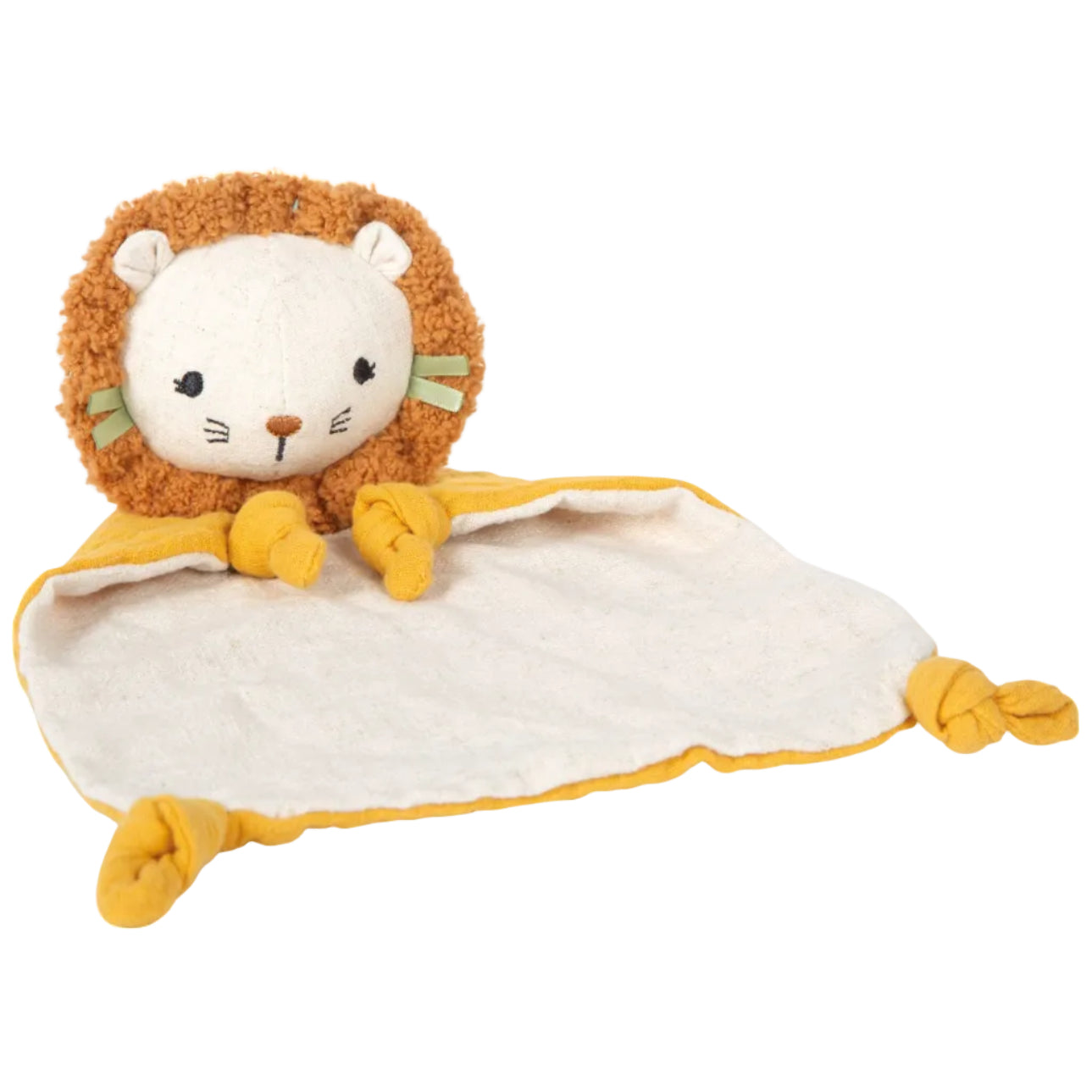 Schrägansicht des Schnuffeltuchs „Little Lion" von Small Foot mit aufgerichtetem Löwenkopf, flauschiger Mähne und senfgelben geknoteten Pfoten – weiches Schmusetuch für Babys ab 0 Monaten