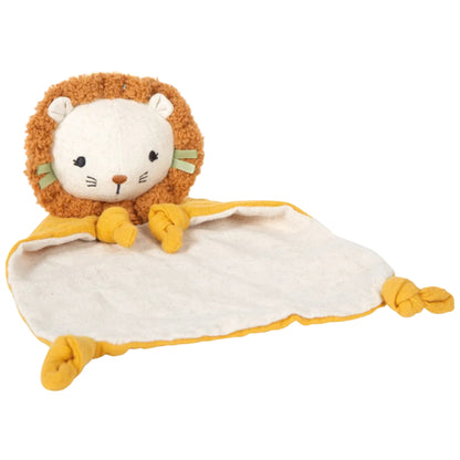 Schrägansicht des Schnuffeltuchs „Little Lion" von Small Foot mit aufgerichtetem Löwenkopf, flauschiger Mähne und senfgelben geknoteten Pfoten – weiches Schmusetuch für Babys ab 0 Monaten