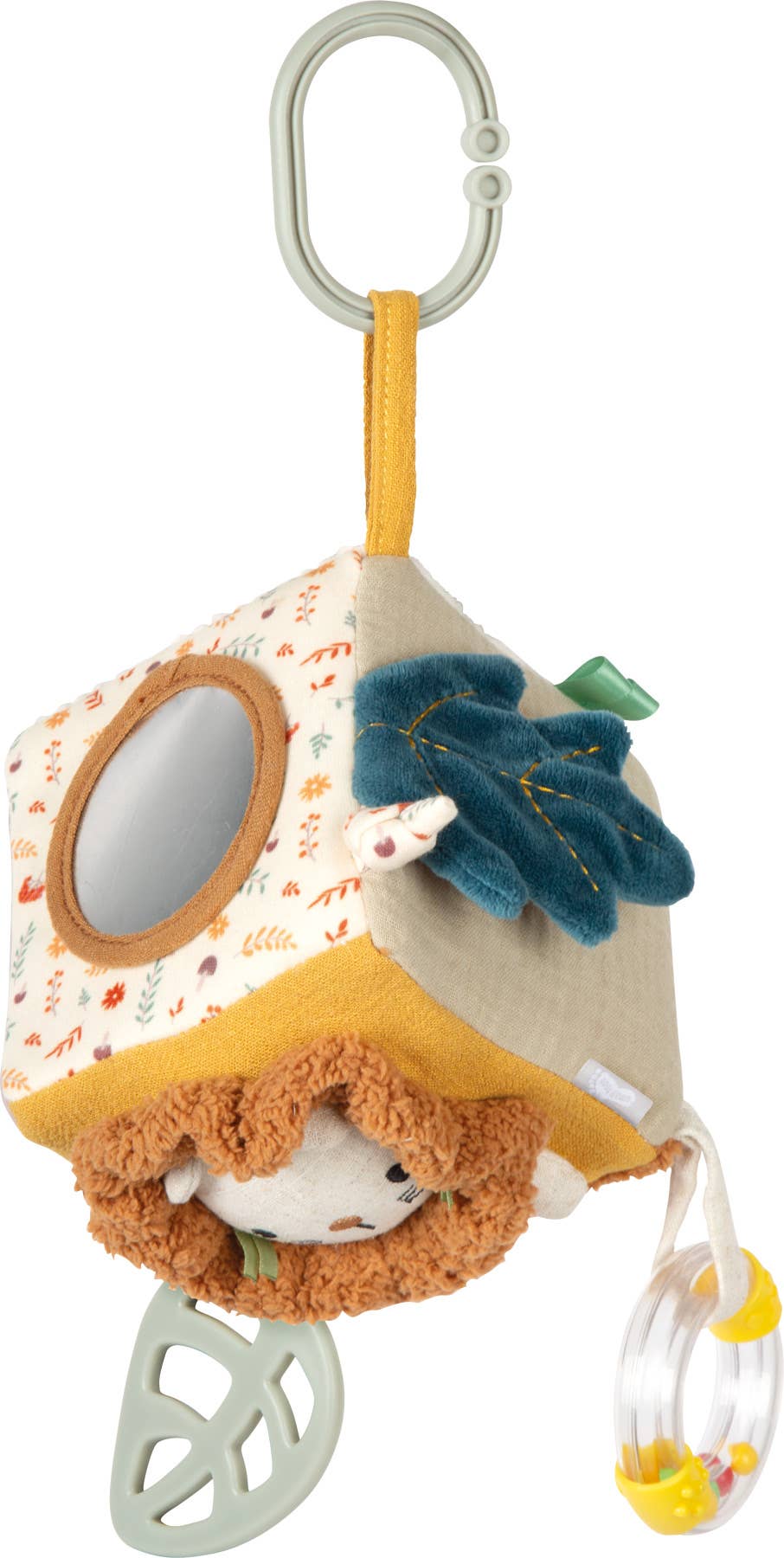 Spielwürfel „Little Lion" von Small Foot am Karabiner hängend mit sichtbarer Spiegelseite, blauem Plüsch-Blattmotiv, Löwengesicht, Beißring in Blattform und transparenter Rassel – Babyspielzeug zur Förderung der Sinne ab 0 Monaten