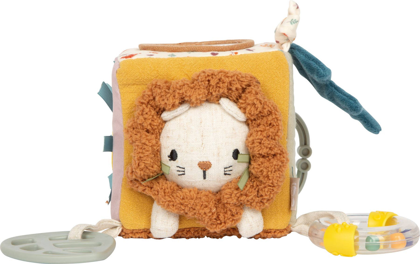 Spielwürfel „Little Lion" von Small Foot mit süßem Löwengesicht und flauschiger Mähne auf senfgelber Seite, seitlichem Silikon-Beißring und transparenter Rassel mit bunten Kugeln – Babyspielzeug zur Förderung der Sinne ab 0 Monaten