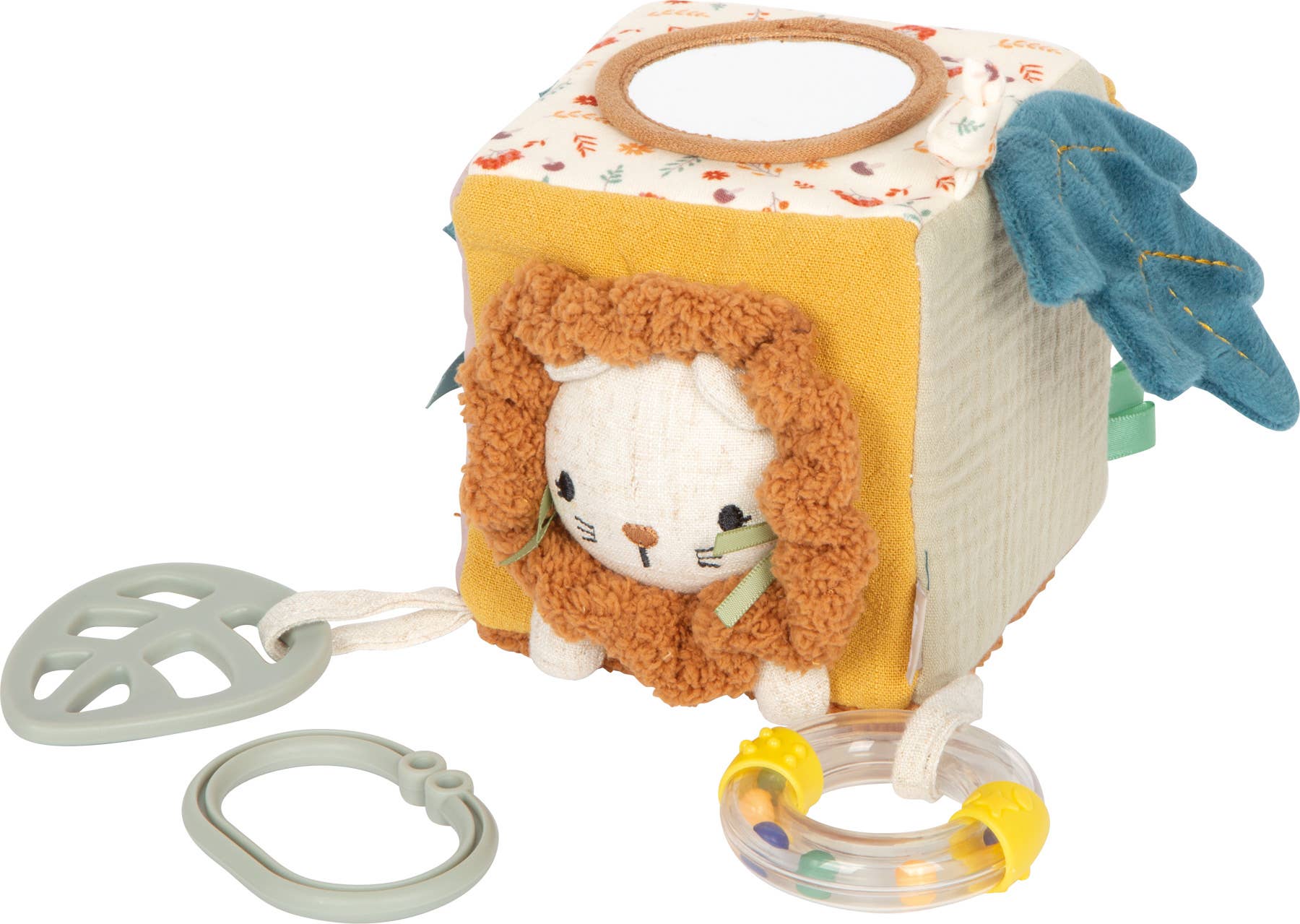 Spielwürfel „Little Lion" von Small Foot in der Übersicht mit Löwengesicht, Spiegelseite, blauem Blattmotiv, Beißring in Blattform und transparenter Rassel mit bunten Kugeln – Babyspielzeug zur Förderung der Sinne ab 0 Monaten