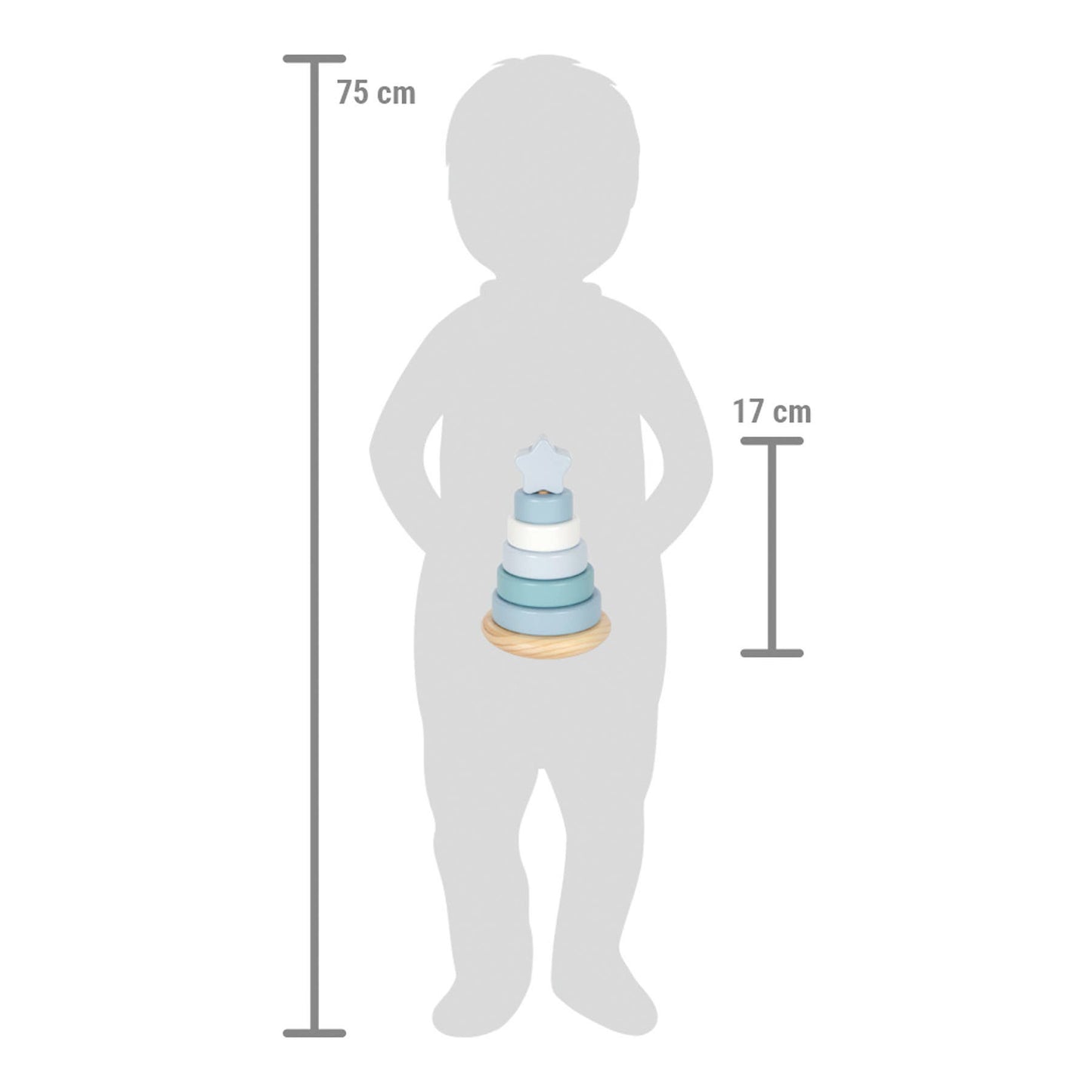 Blauer Stapelturm aus Holz von Small Foot im Größenvergleich mit einer Kindersilhouette von 75 cm – der Turm ist 17 cm hoch und ein nachhaltiges Holzspielzeug zur Förderung der Feinmotorik