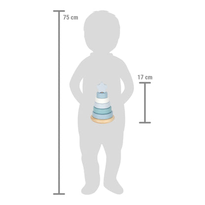 Blauer Stapelturm aus Holz von Small Foot im Größenvergleich mit einer Kindersilhouette von 75 cm – der Turm ist 17 cm hoch und ein nachhaltiges Holzspielzeug zur Förderung der Feinmotorik