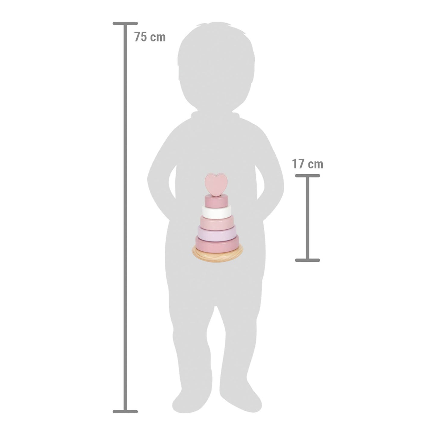 Größenvergleich des rosa Stapelturms aus Holz von Small Foot mit 17 cm Höhe neben einer Kindersilhouette von 75 cm – nachhaltiges Holzspielzeug zur Förderung der Feinmotorik und Farberkennung