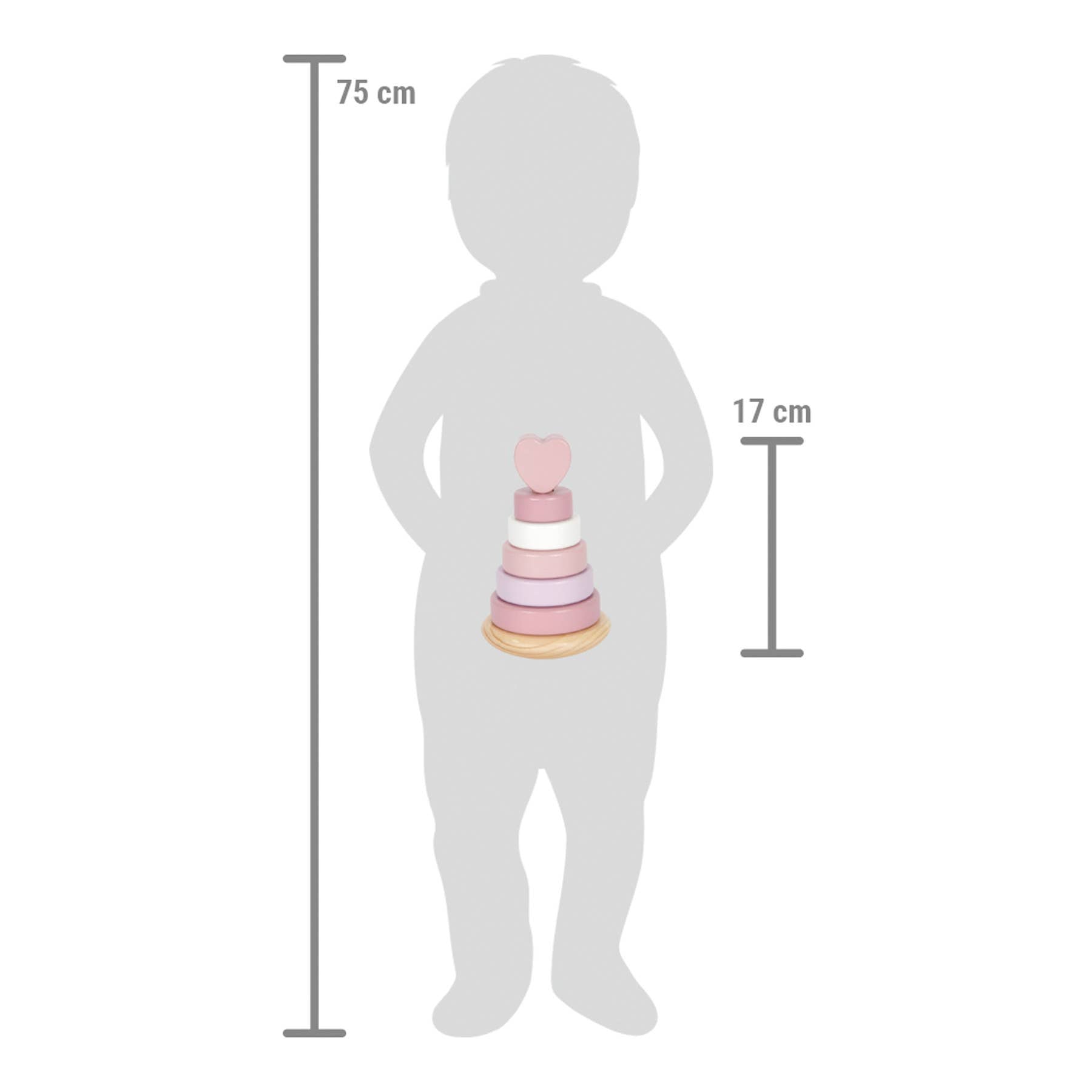 Größenvergleich des rosa Stapelturms aus Holz von Small Foot mit 17 cm Höhe neben einer Kindersilhouette von 75 cm – nachhaltiges Holzspielzeug zur Förderung der Feinmotorik und Farberkennung