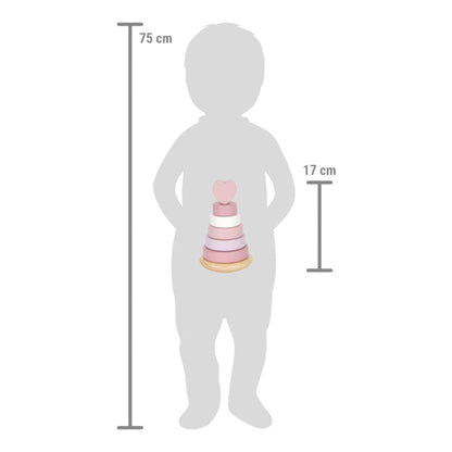 Größenvergleich des rosa Stapelturms aus Holz von Small Foot mit 17 cm Höhe neben einer Kindersilhouette von 75 cm – nachhaltiges Holzspielzeug zur Förderung der Feinmotorik und Farberkennung