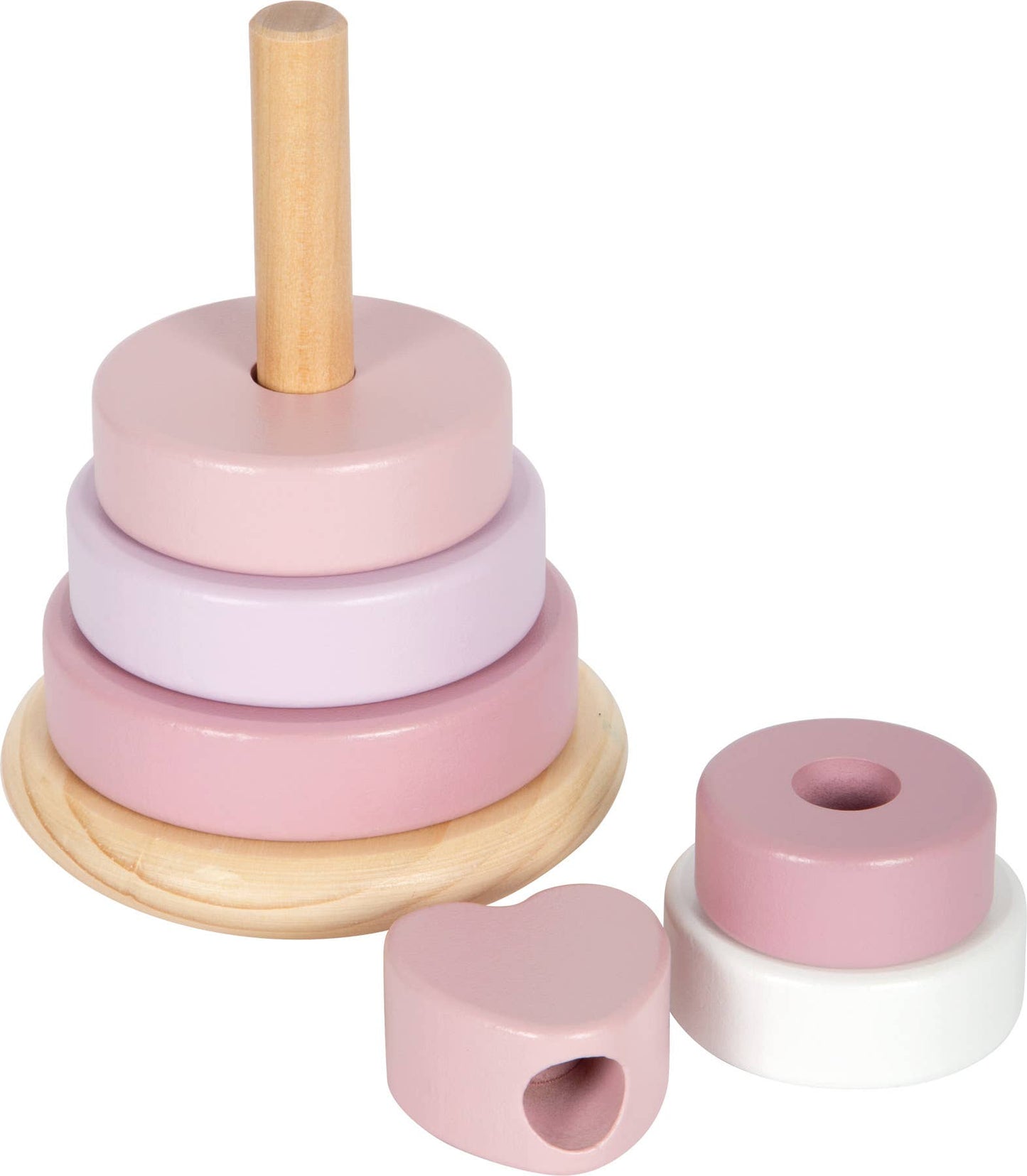 Rosa Stapelturm aus Holz von Small Foot halb aufgebaut mit drei aufgesteckten Ringen sowie daneben liegendem rosa Ring, weißem Ring und Herz-Topper – nachhaltiges Holzspielzeug zur Förderung der Feinmotorik und Farberkennung