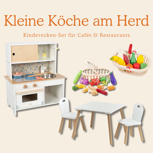 Titelbild Kleine Köche am Herd Kinderecken-Set für Cafés und Restaurants mit Spielküche, Kindertisch und Schneideobst von Burgfrollein