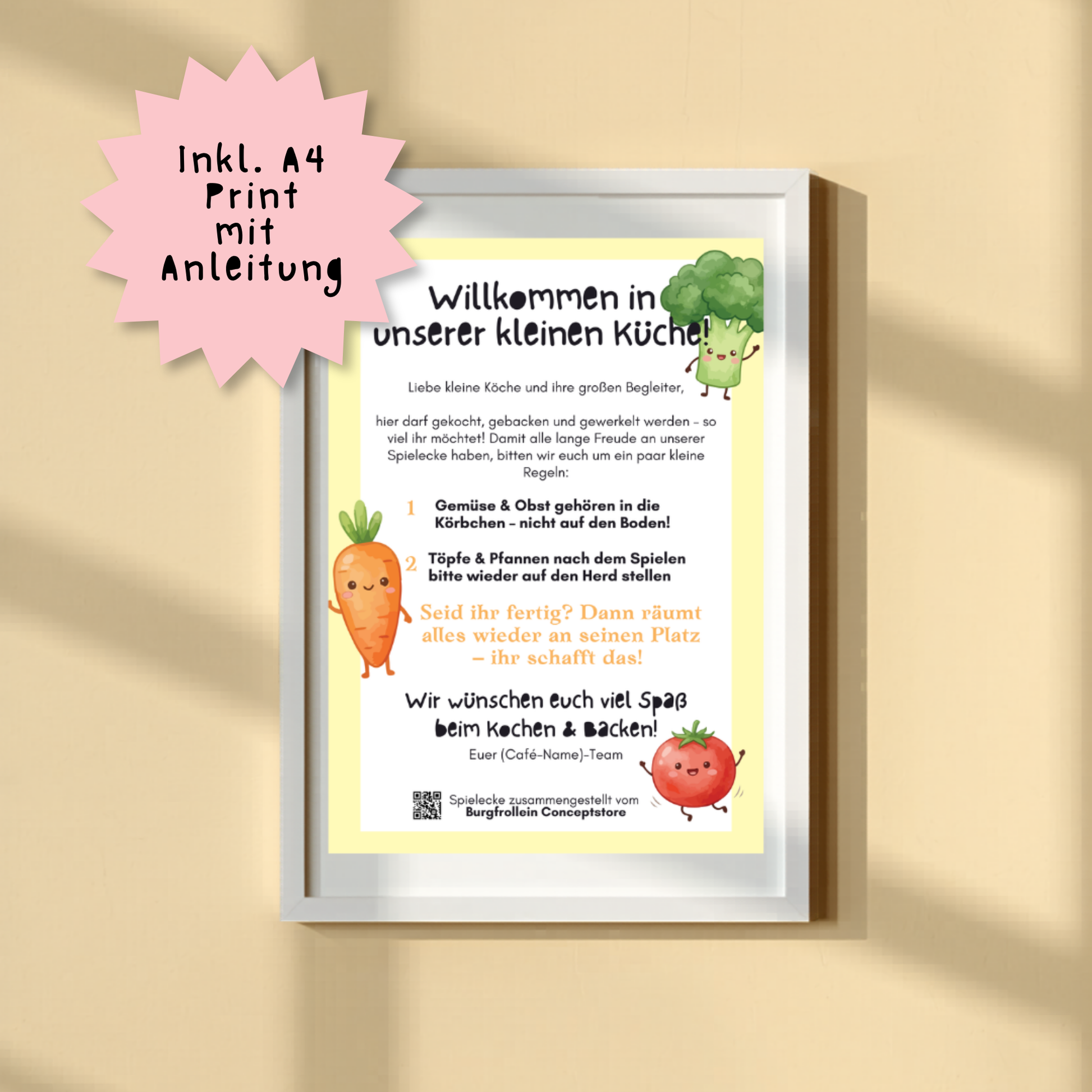A4 Print mit Anleitung und Spielregeln für die Burgfrollein Spielecke Spielküche in Cafés und Restaurants bei Burgfrollein